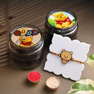 Pooh Choco Jar Cake Duo With Pooh Rakhi