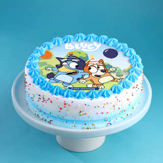 Side View of Rainbow Sprinkled Bluey Cake