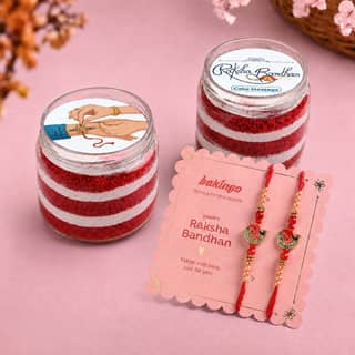 Red Velvet Jar Cakes With Designer Rakhi