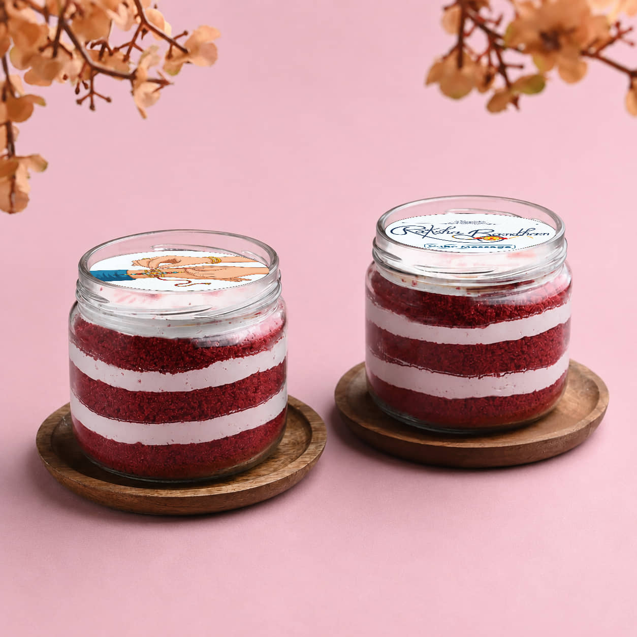 Red Velvet Jar Cakes With Designer Rakhi Side View of Red Velvet Jar Cakes With Designer Rakhi