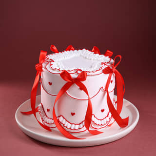 Front Angled View of Red Hearts N Ribbon Cake Front Angled View of Red Hearts N Ribbon Cake