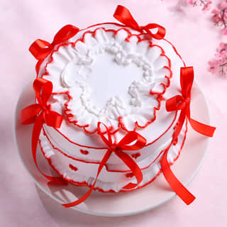 Front Angled View of Red Hearts N Ribbon Cake Front Angled View of Red Hearts N Ribbon Cake