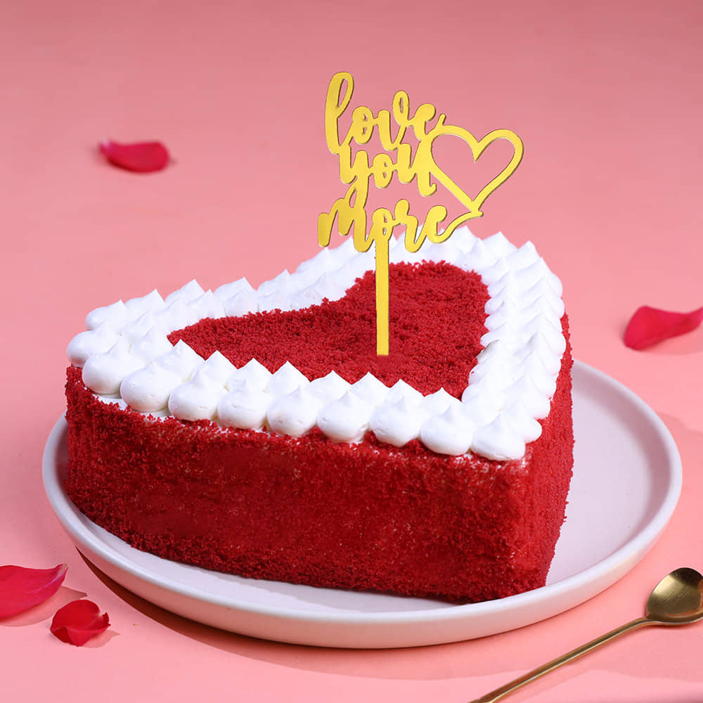 Red Velvet Heart Cake With Love Topper Front Anfled View Valentine Red Velvet Heart Cake With Love Topper
