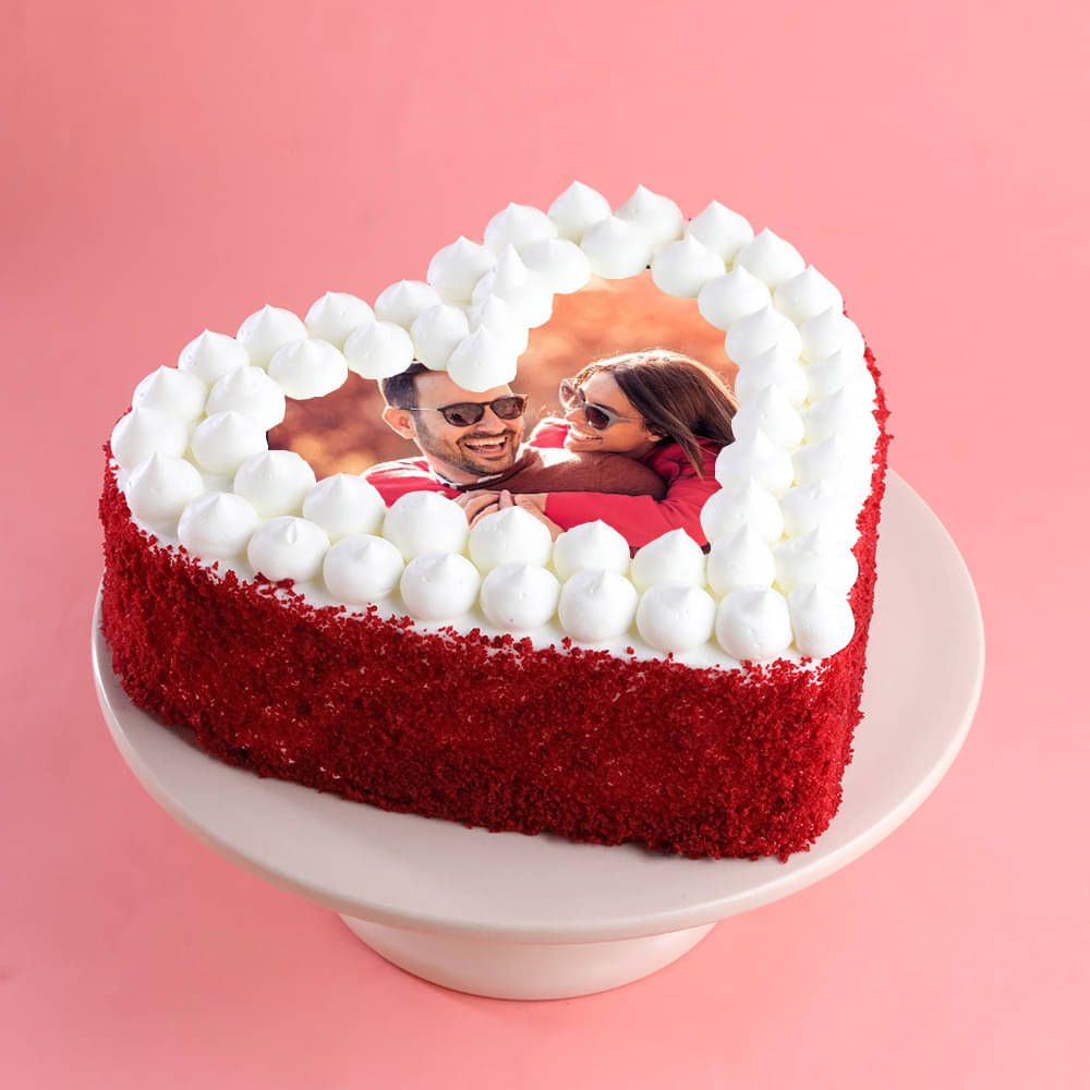 Top View of Red Velvet Heart Shaped Photo Cake