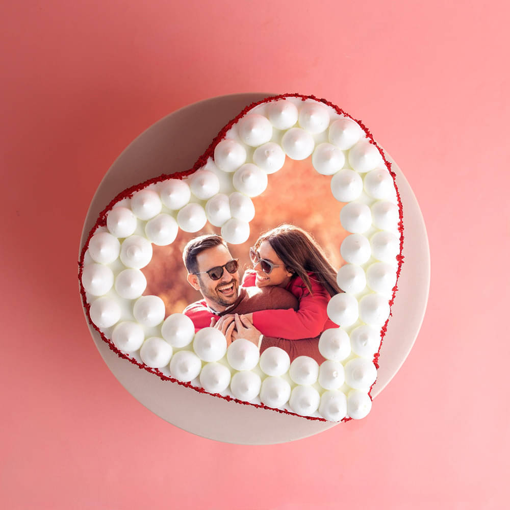 Front View of Red Velvet Heart Shaped Photo Cake