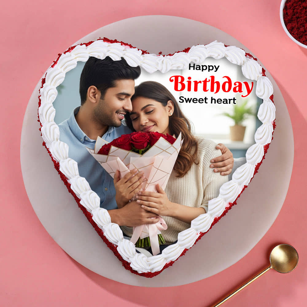 Top View of Red Velvet Heart Shaped Photo Cake