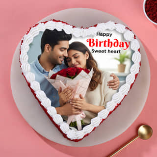 Top View of Red Velvet Heart Shaped Photo Cake