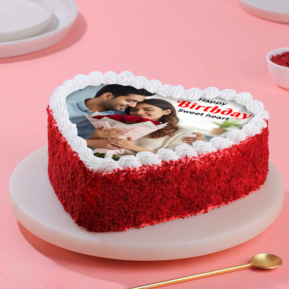 Red Velvet Heart Shaped Photo Cake