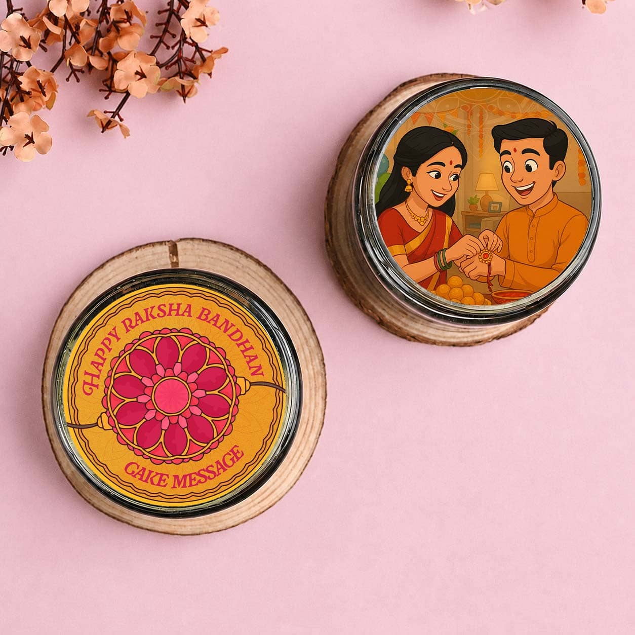 Vibrant Rakhis With Chocolate Jar Cakes Top View of Vibrant Rakhis With Chocolate Jar Cakes