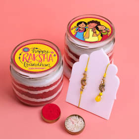 Red Velvet Jar Cakes Duo N Yellow Bhaiya Bhabhi Rakhi