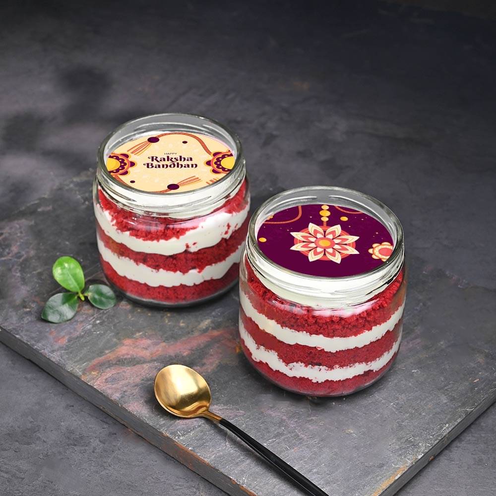 Red Velvet Jar Cakes Duo N Peacock Rakhi