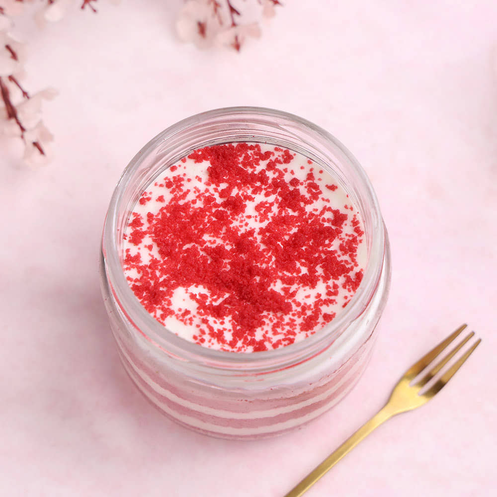 Close view of Red Velvet Single Jar Cake 