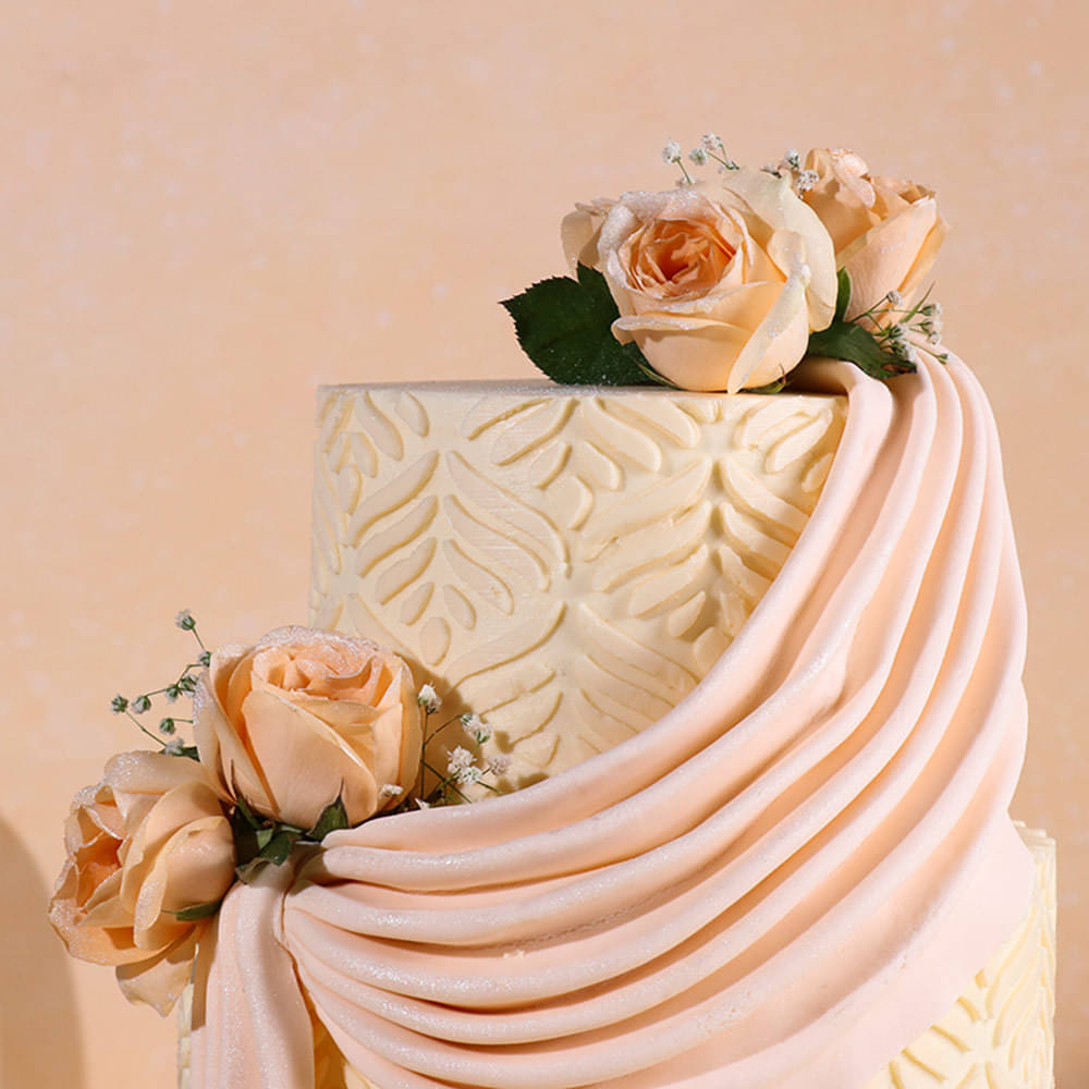 Front View of Roses N Drapes Cake
