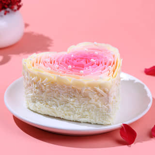 Front Angled View of Rosy Petals Heart Cake