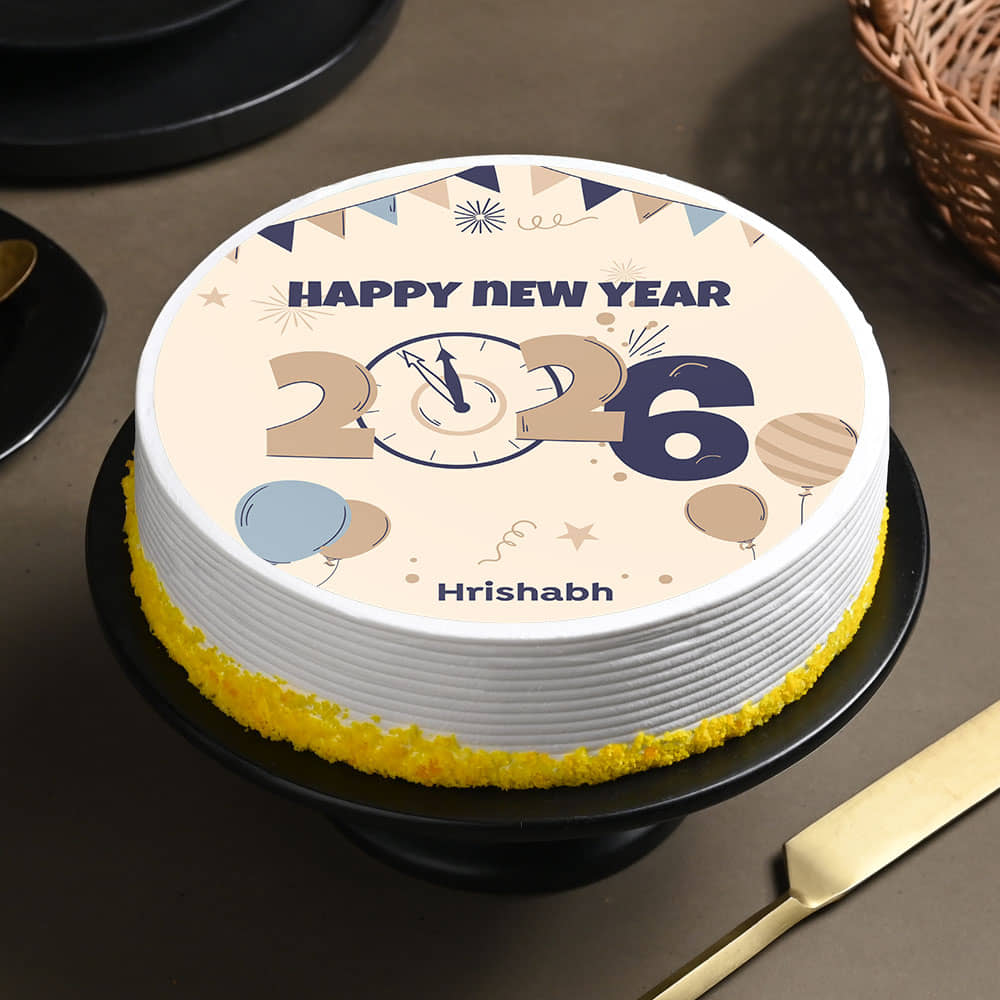 Round Shaped New Year Photo Cake New Year 2026 Celebrations Cake