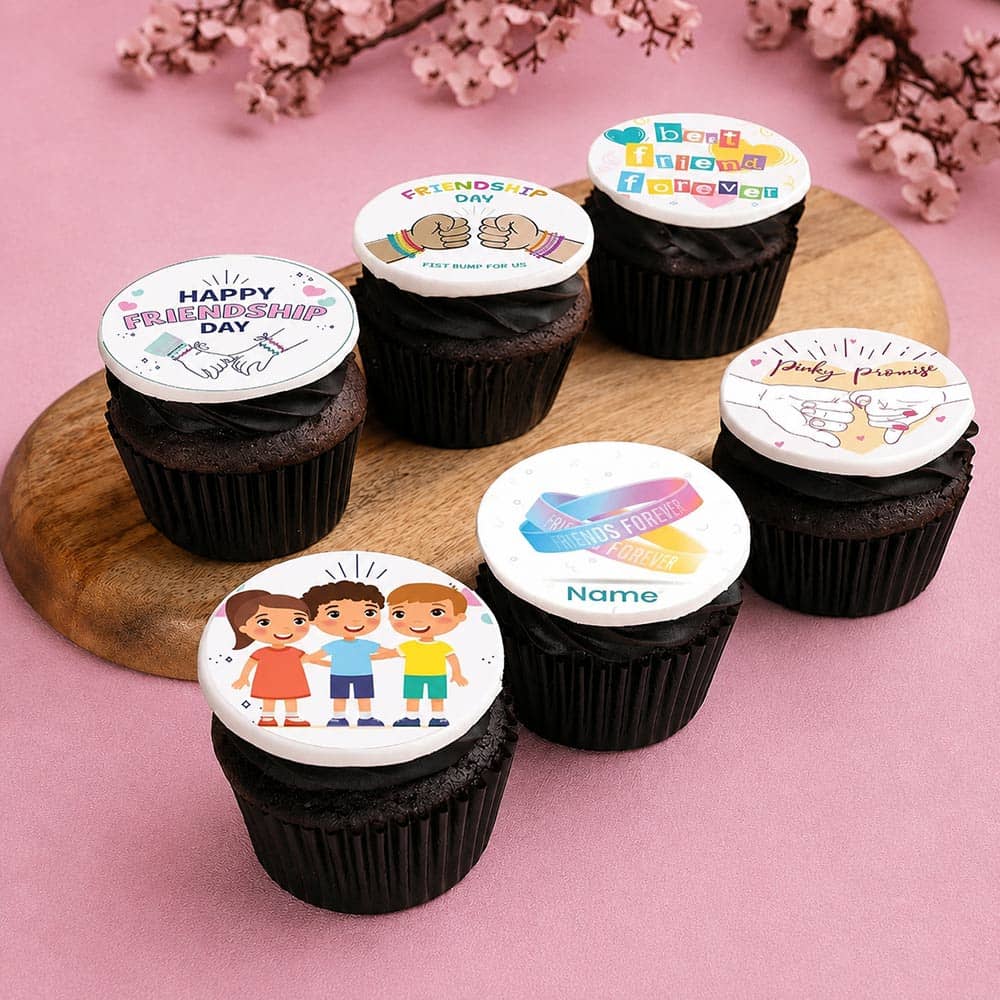 Six Friendship Day Chocolate Cupcakes Front View of Friendship Day Chocolate Cupcakes