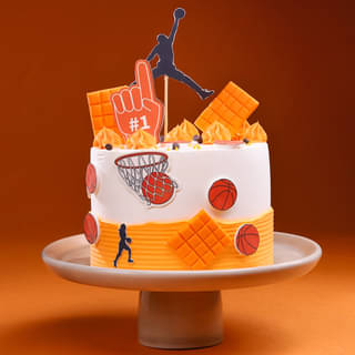 Basketball Cake With #1 Topper and Orange Decorations