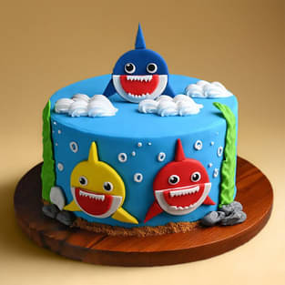 Smiling Baby Sharks Fondant Cake