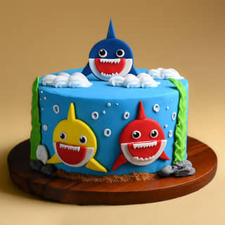 Side View of Smiling Baby Sharks Fondant Cake Side View of Smiling Baby Sharks Fondant Cake