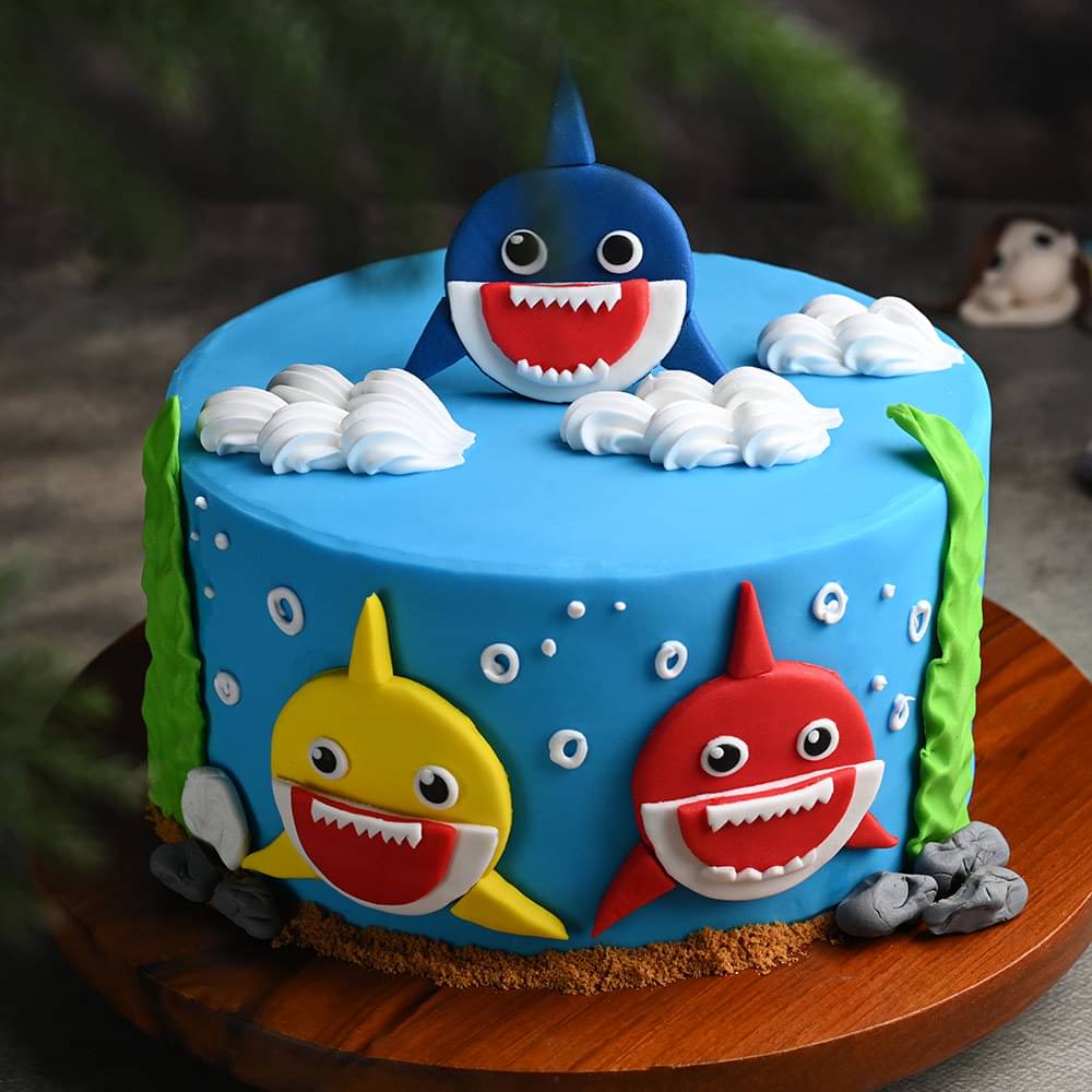 Smiling Baby Sharks Fondant Cake