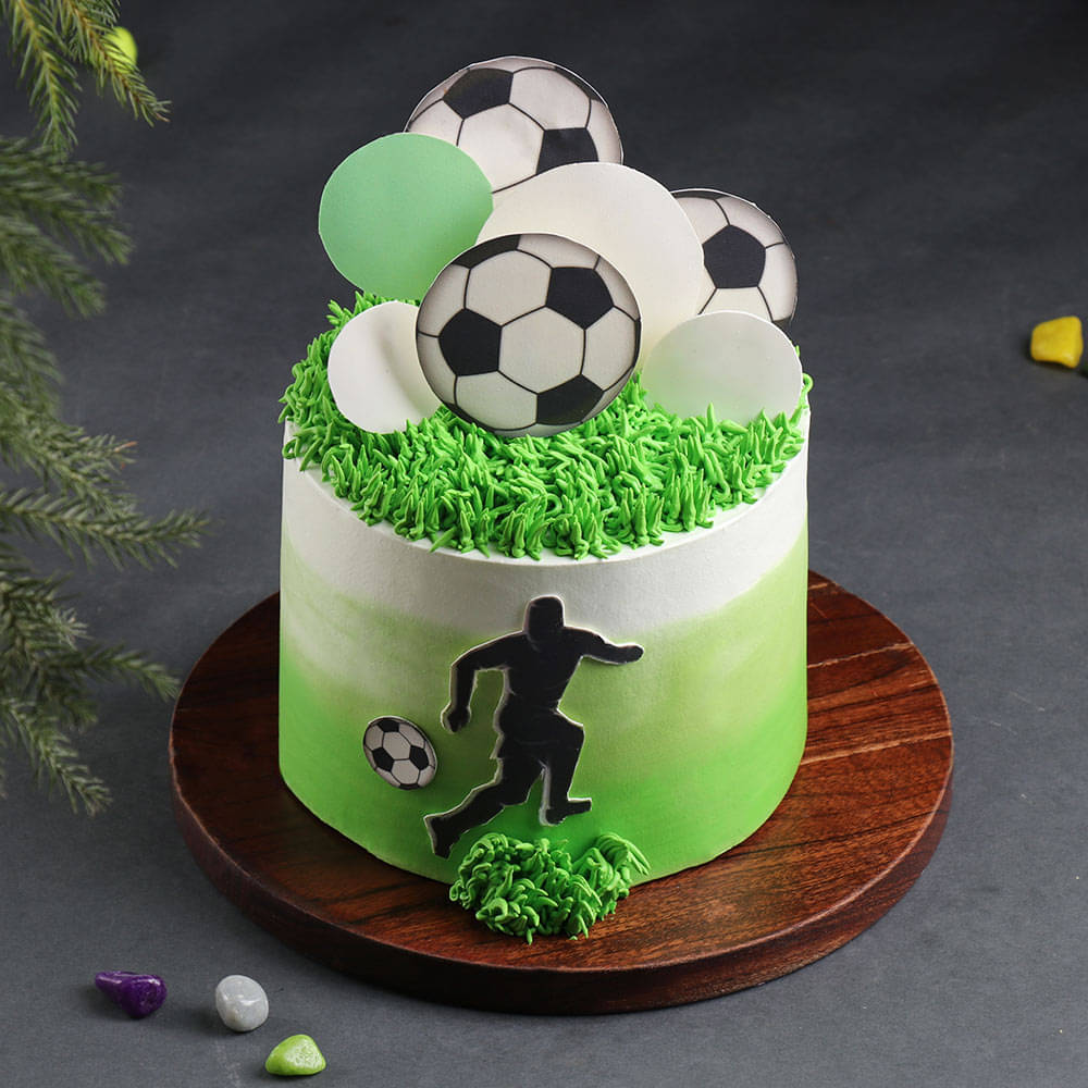 Side View of Soccer Theme Cream Cake
