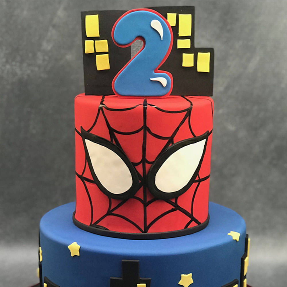 Zoomed View of Spiderman Cityscape Theme Cake