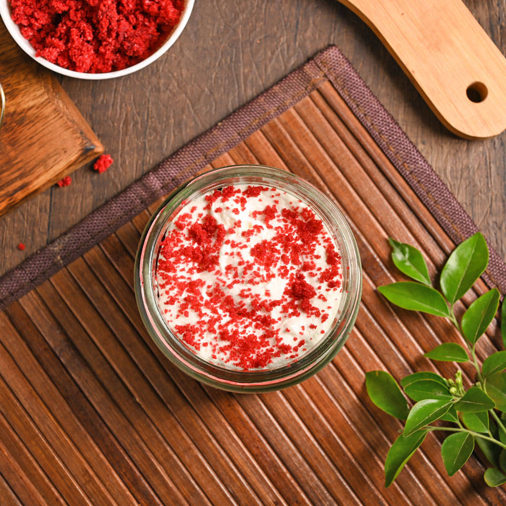 Red Velvet Single Jar Cake Close view of Red Velvet Single Jar Cake