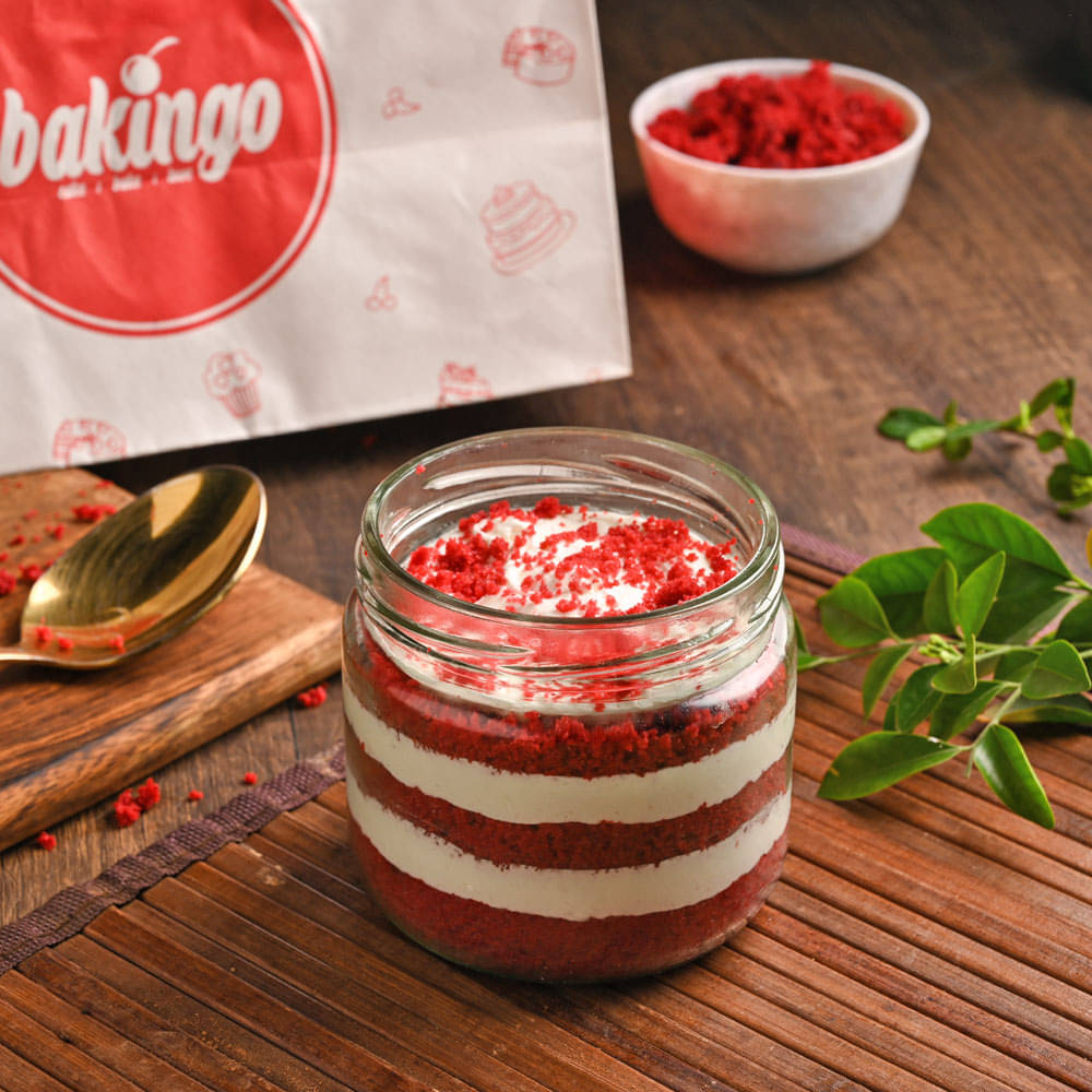 Red Velvet Single Jar Cake Side view of Red Velvet Single Jar Cake