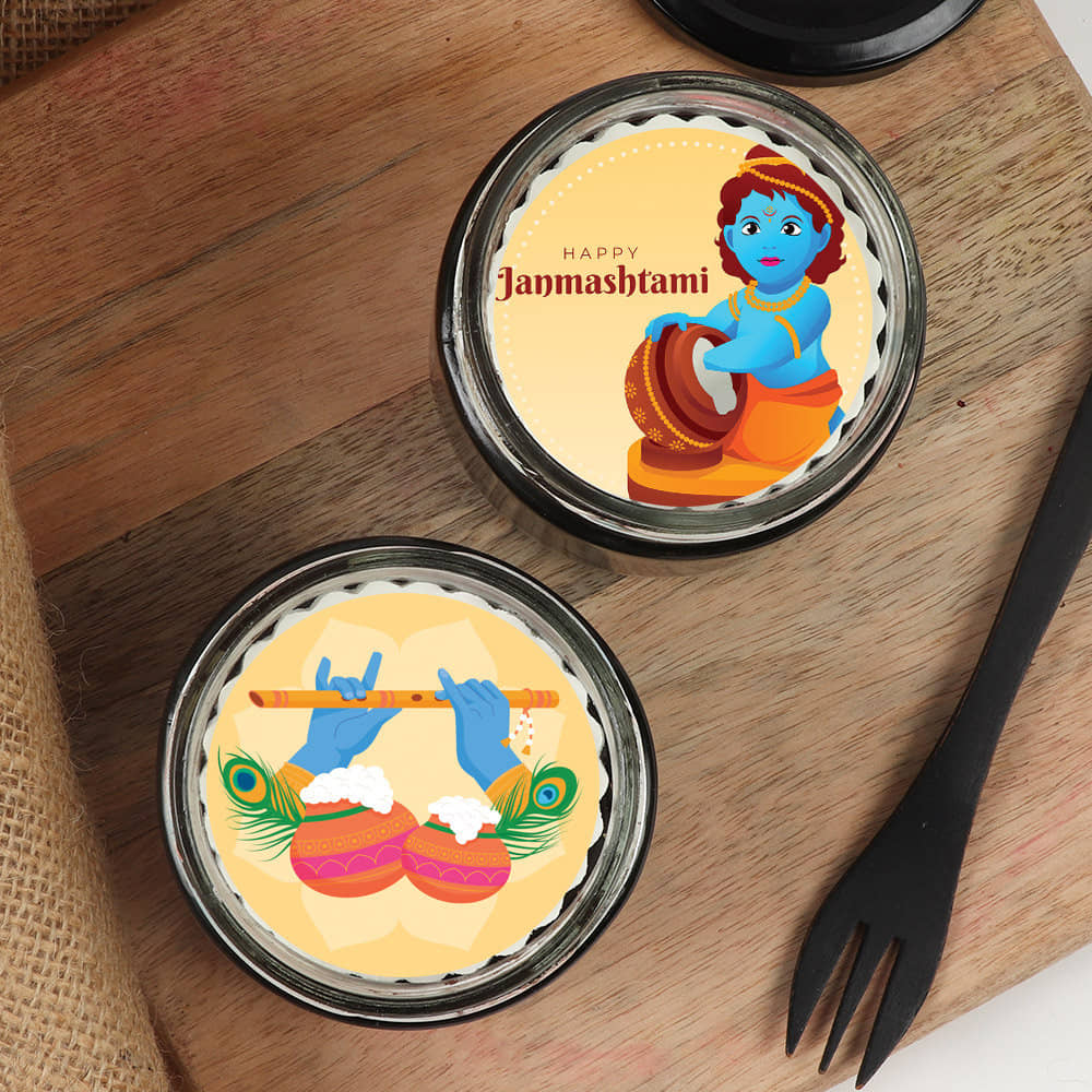 Janmashtami Chocolate Poster Jar Cake Top View of Janmashtami Chocolate Jar Cake