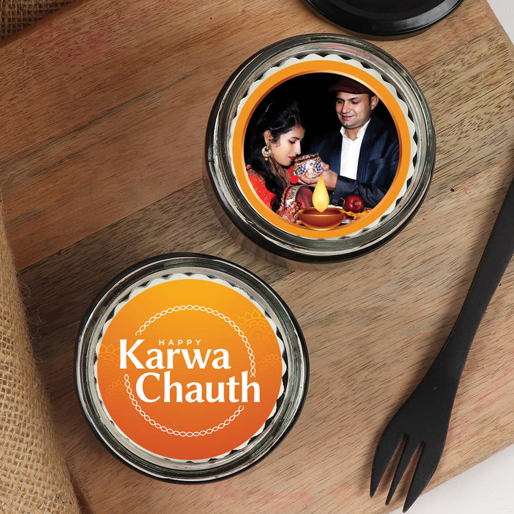 Personalised Karwa Chauth Red Velvet Jar Cake Top View of Personalised Karwa Chauth Red Velvet Jar Cakes