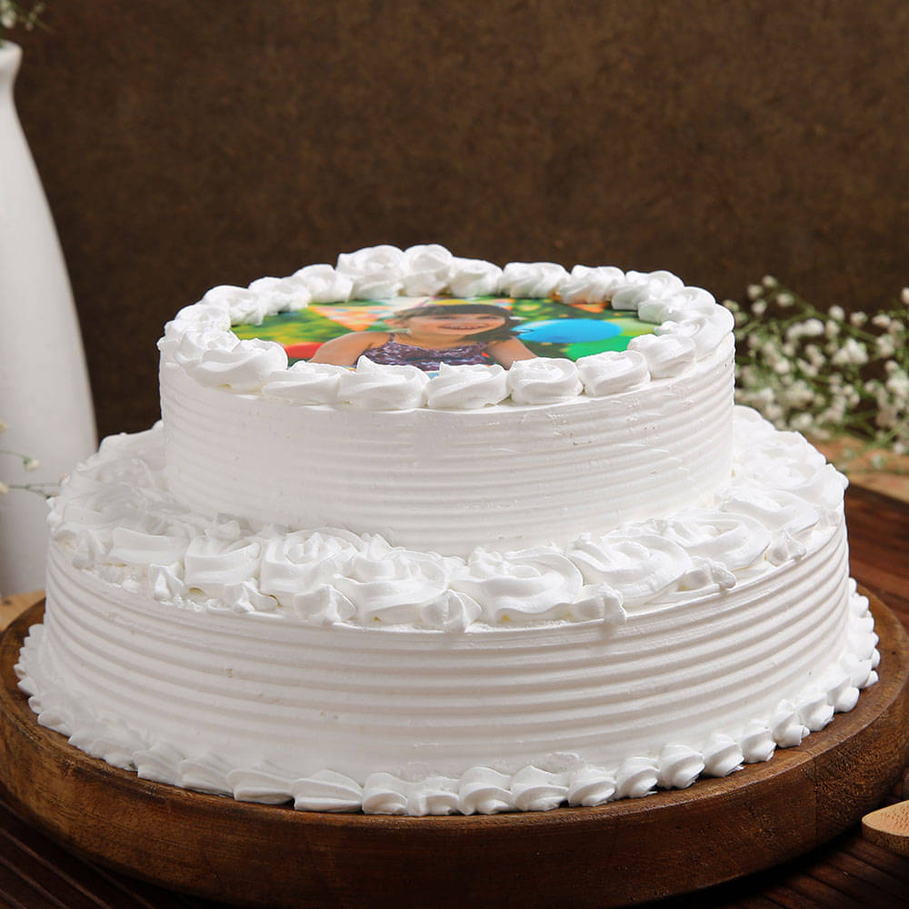 Personalised Two Tier Cake Side view of Happy Birthday Photo Cake