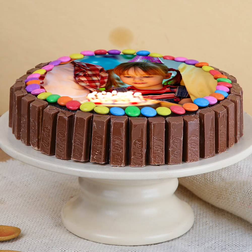 Side View of Round-Shaped Gems N Kitkat Photo Cake