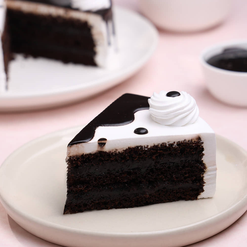 Side view of Black and white Blackforest Cake