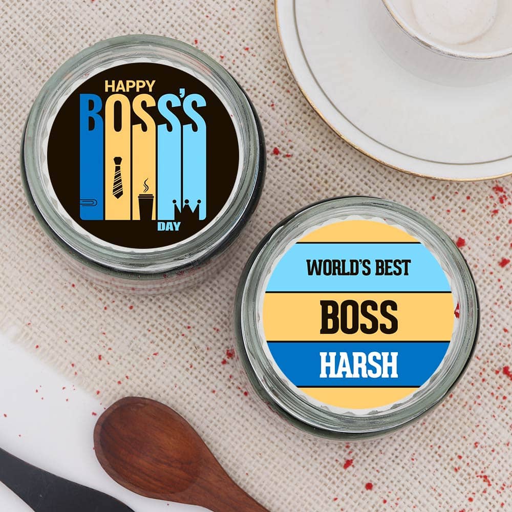 Top View of Custom Boss Day Jar Cake