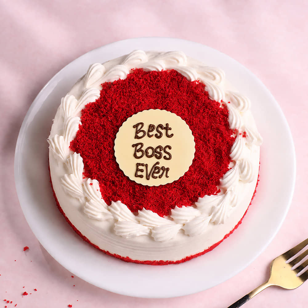 Best Boss Red Velvet Cake Top View of Boss Day Chocolate Cake