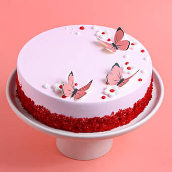Butterfly N Flowers Red Velvet Cake