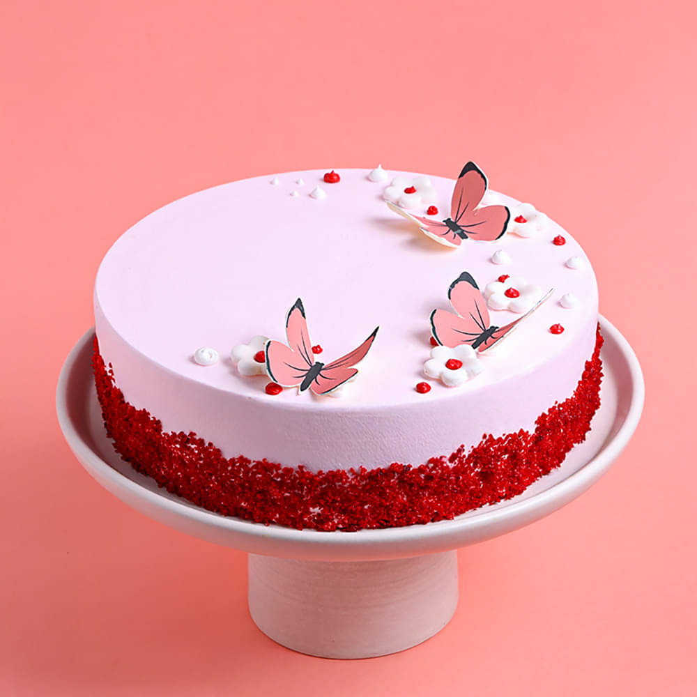 Front View of Butterfly N Flowers Red Velvet Cake