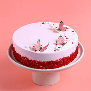 Side View of Butterfly N Flowers Red Velvet Cake