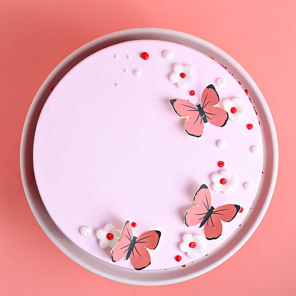 Side View of Butterfly N Flowers Red Velvet Cake