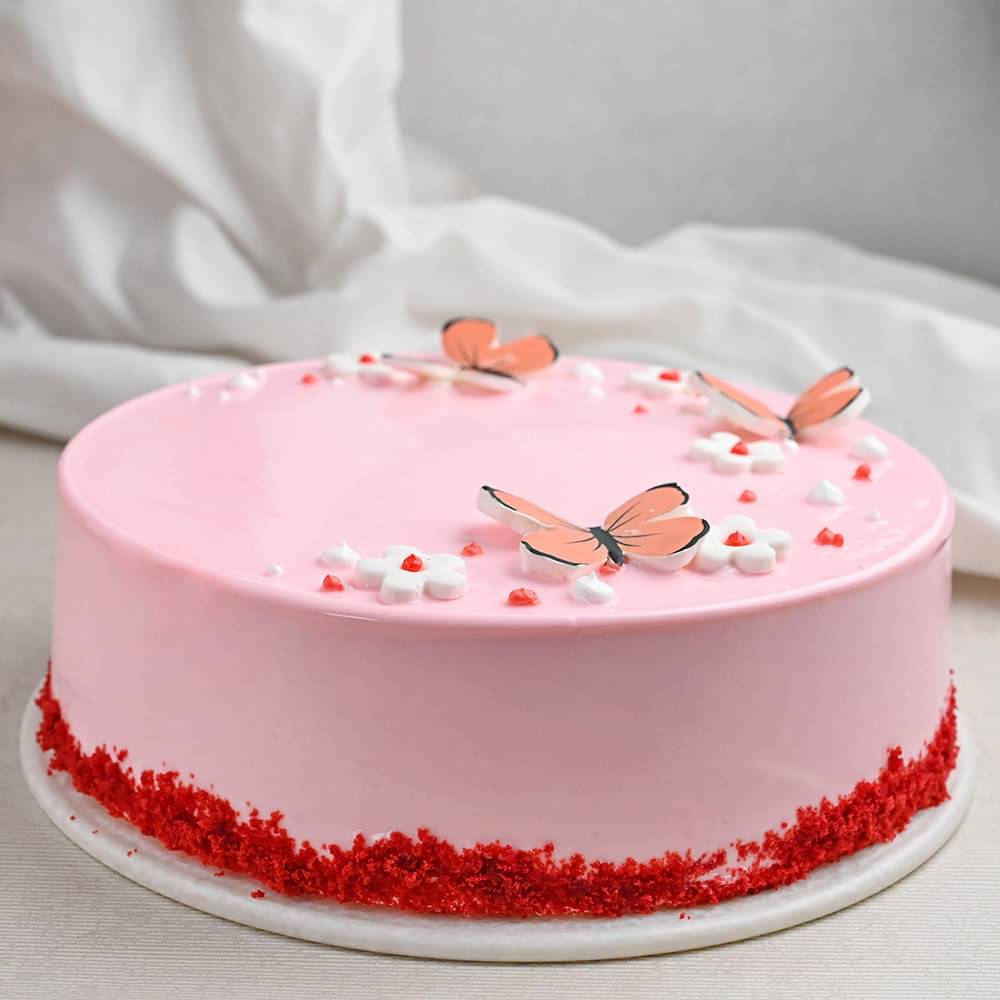 Side View of Butterfly N Flowers Red Velvet Cake