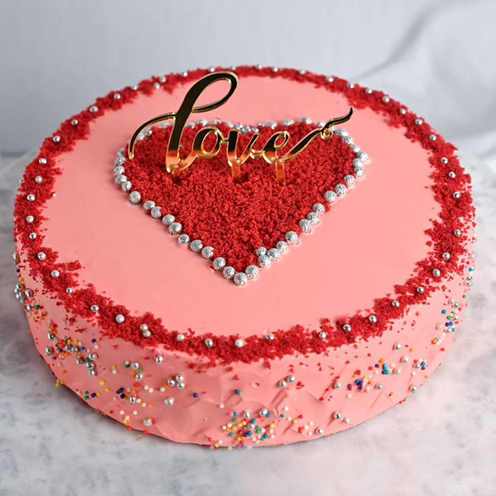 Love Topper Red Velvet Cake Top View of Special Round Red Velvet Love Cake