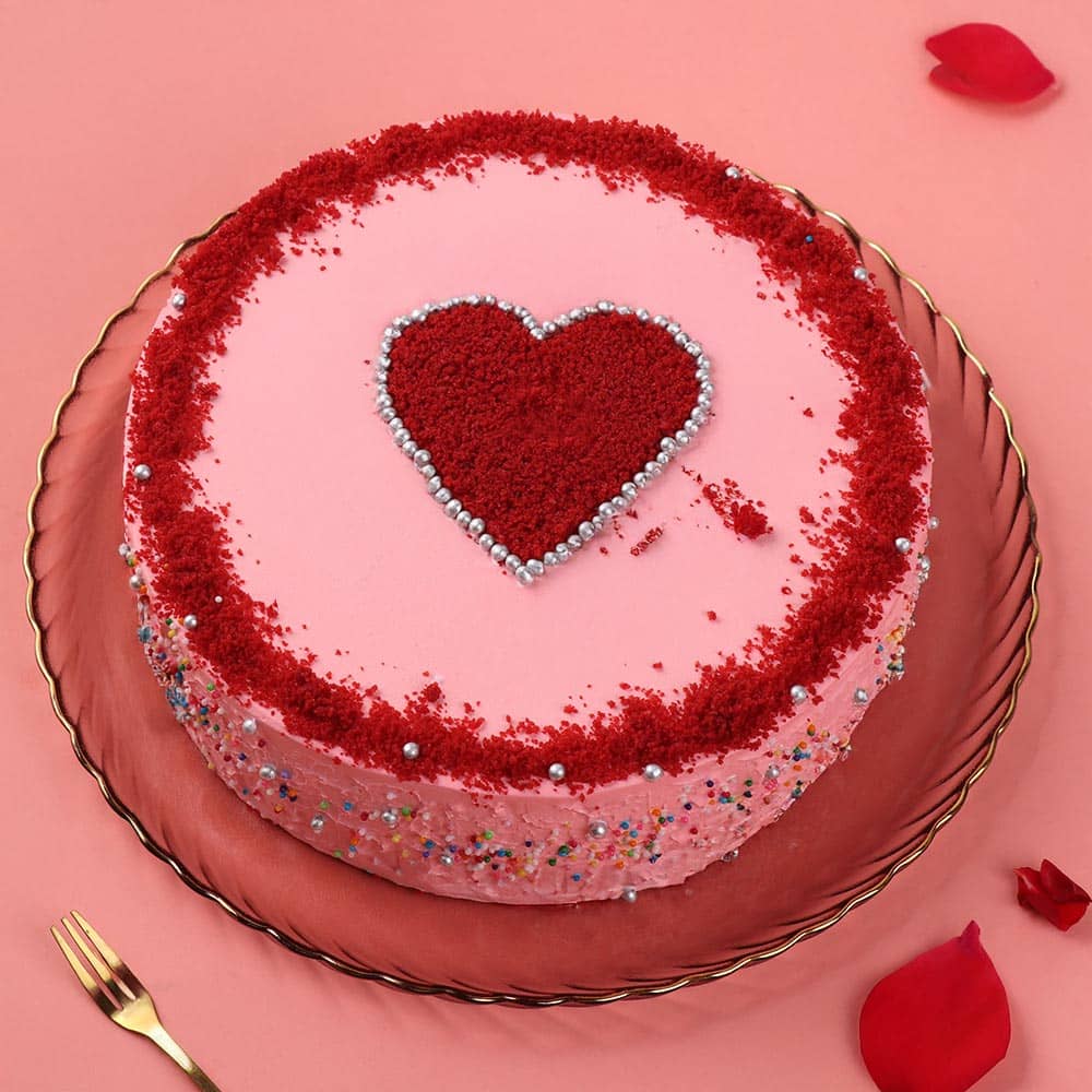 Love Topper Red Velvet Cake Top View of Special Round Red Velvet Love Cake