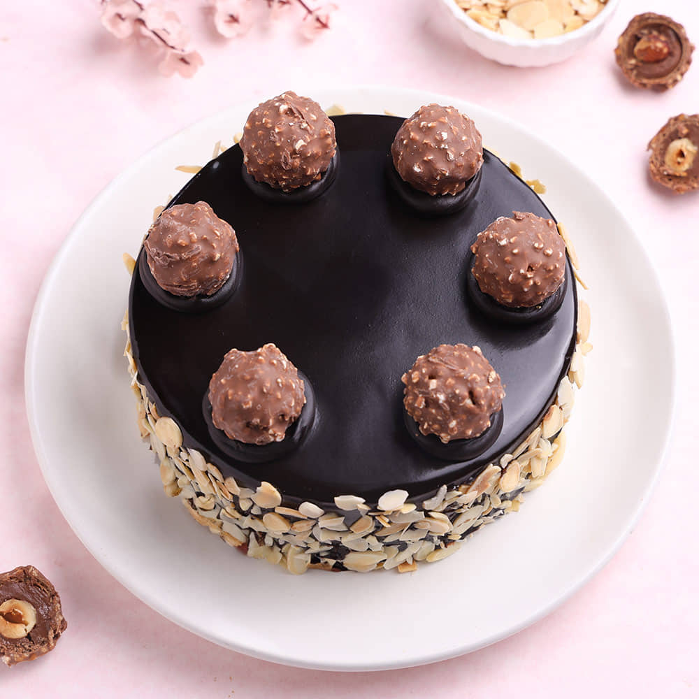 Ferrero Infused Celebration Cake Top View of Chocolate Ferrero Rocher Almonds Cake