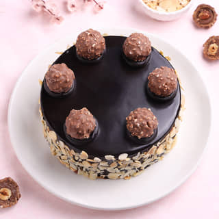 Top View of Chocolate Ferrero Rocher Almonds Cake