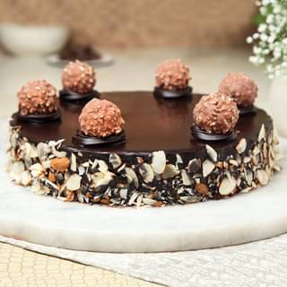 Front View of Chocolate Ferrero Rocher Almonds Cake