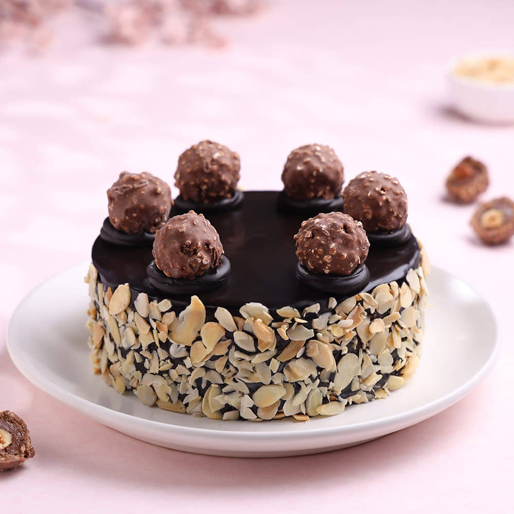 Ferrero Infused Celebration Cake Front View of Chocolate Ferrero Rocher Almonds Cake