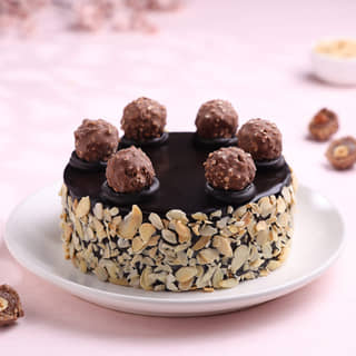 Front View of Chocolate Ferrero Rocher Almonds Cake