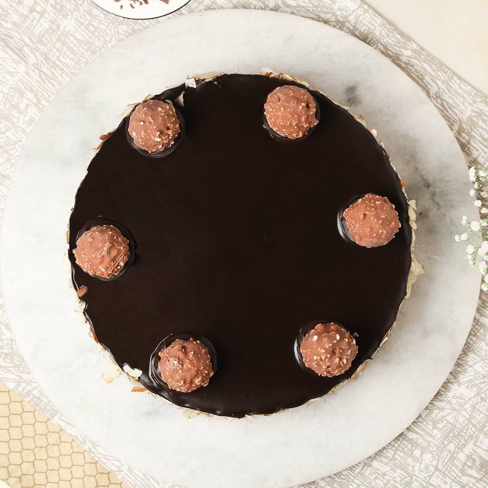 Top View of Chocolate Ferrero Rocher Almonds Cake