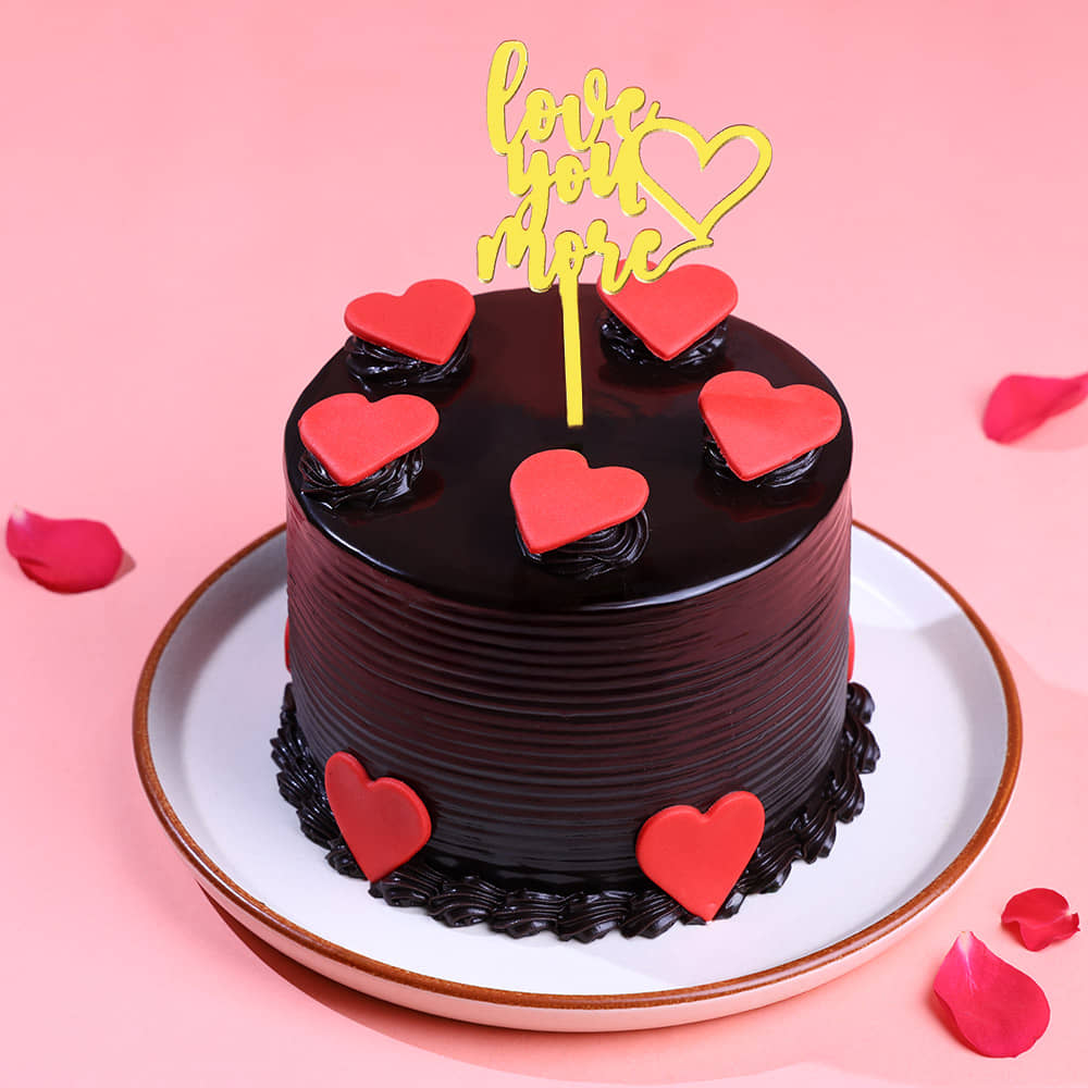 Chocolate Cake With Love More Topper Side View of Round Chocolate Cake for Love