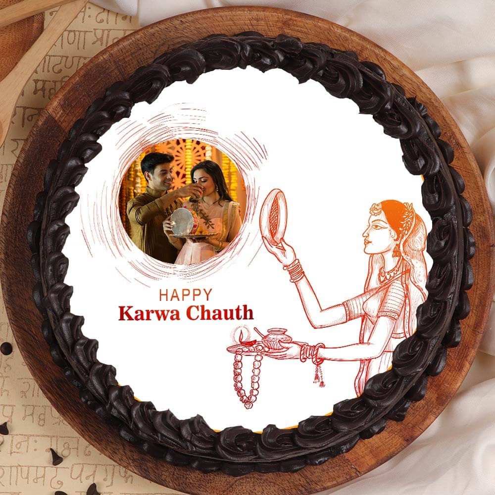 Happy Karwa Chauth Special Photo Cake Top View of Happy Karwa Chauth Special Photo Cake